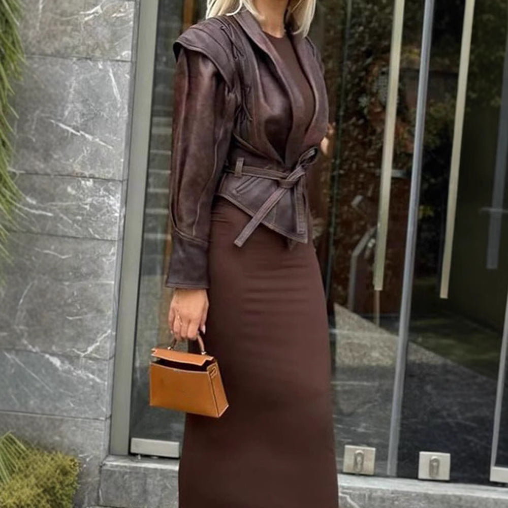 Damen Designer-Lederblazer mit Gürtel und dekorativen Schnüroptiken Drune