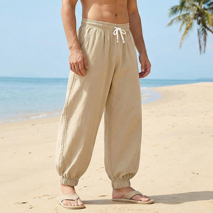 Herren Weite Leinenoptik-Strandhose mit Kordelzug, elastischem Bund und gerafften Beinabschlüssen Drune