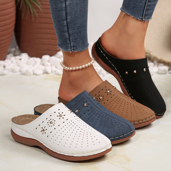 Damen  gepolsterte Mule-Pantoletten mit feiner Laserperforation, dekorativen Nieten und ergonomischer Memory-Innensohle Drune