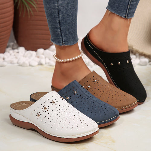 Damen  gepolsterte Mule-Pantoletten mit feiner Laserperforation, dekorativen Nieten und ergonomischer Memory-Innensohle Drune