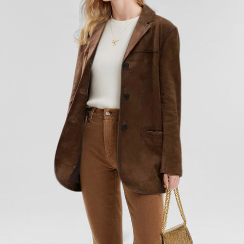 Damen Eleganter Blazer aus weichem Wildlederimitat mit schmalem Schnitt Drune
