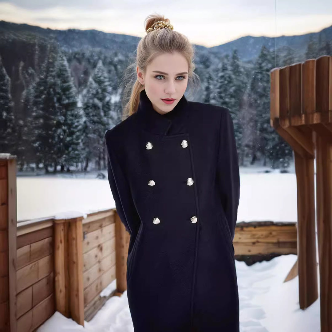 Damen Eleganter Kurz-Mantel mit doppelter Knopfreihe und seidigen Details Drune