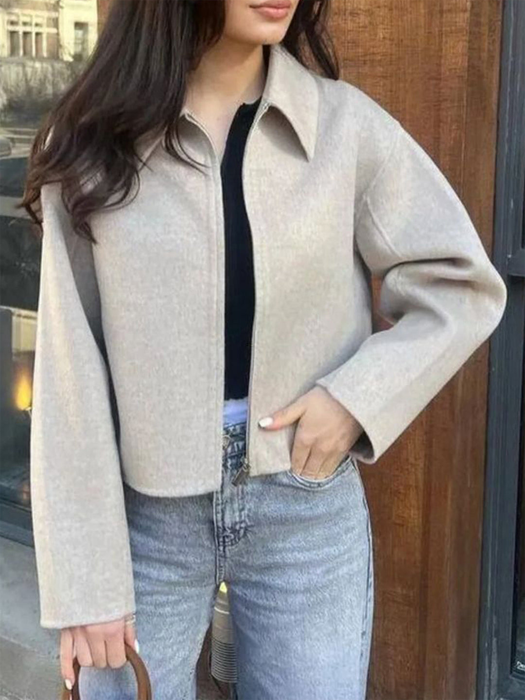 Damen nan kaschmirähnliche Wolljacke mit durchgehendem Reißverschluss, oversized Schnitt und Hemdkragen Drune
