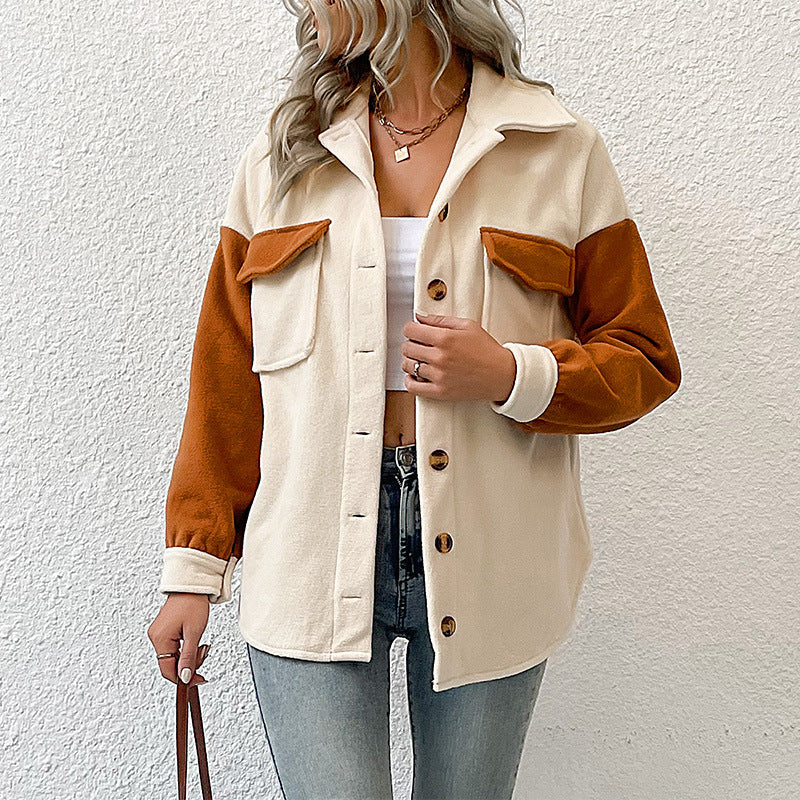 Damen weite Hemdjacke aus Teddyfleece mit Kontrastärmeln und aufgesetzten Taschen Drune