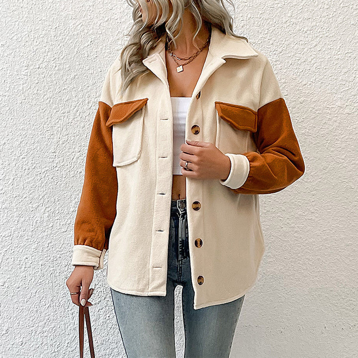 Damen weite Hemdjacke aus Teddyfleece mit Kontrastärmeln und aufgesetzten Taschen Drune