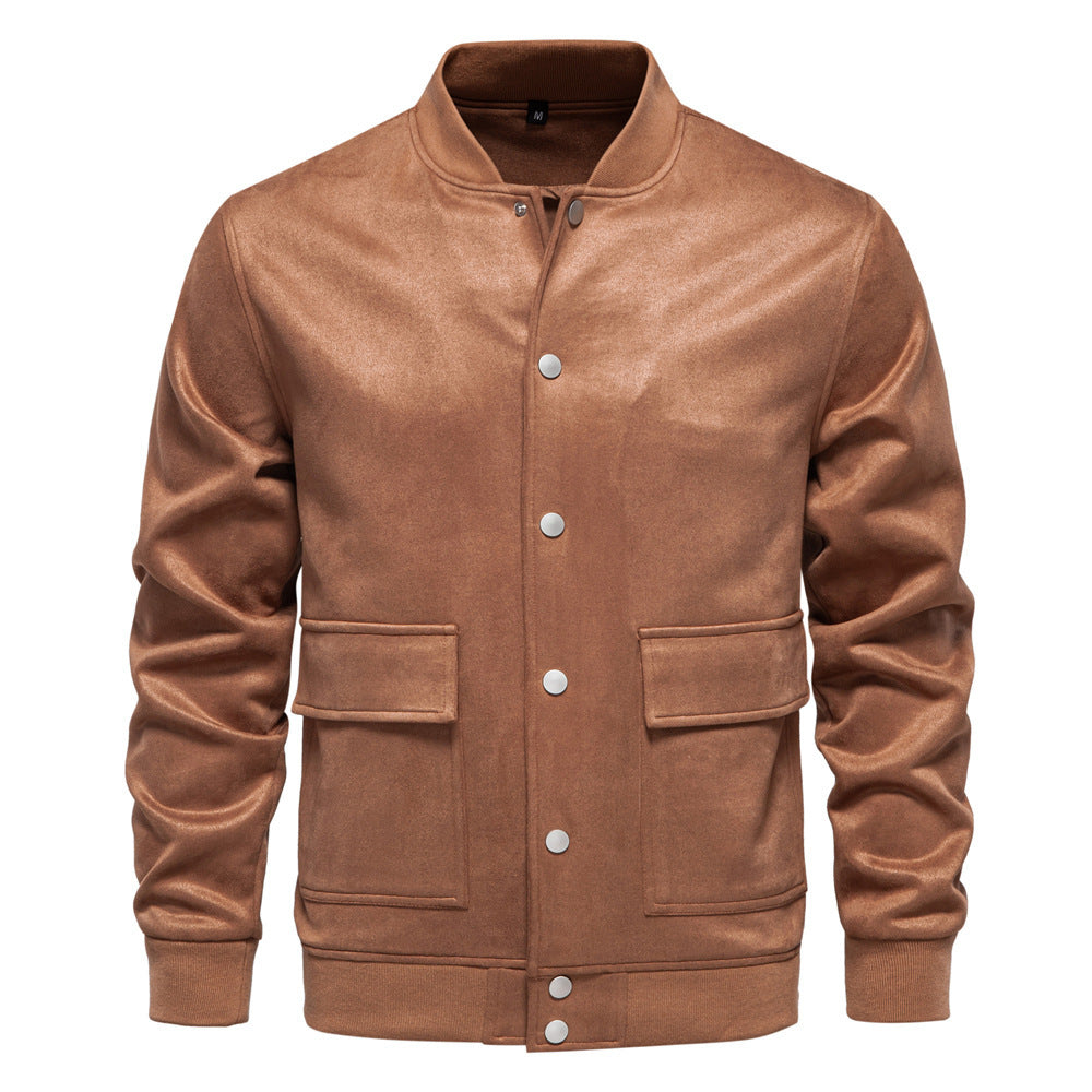 Herren nan Wildlederoptik-Collegejacke mit Druckknopfverschluss, Pattentaschen und geripptem Saum Drune