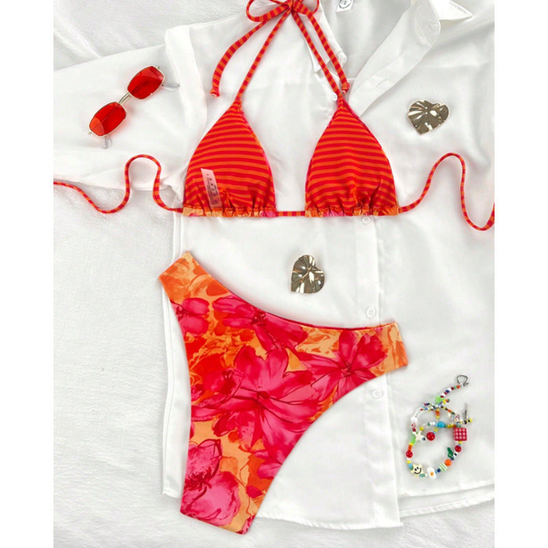 Damen Triangel-Bikini mit gewagtem Blütenmuster und verstellbaren Trägern Drune
