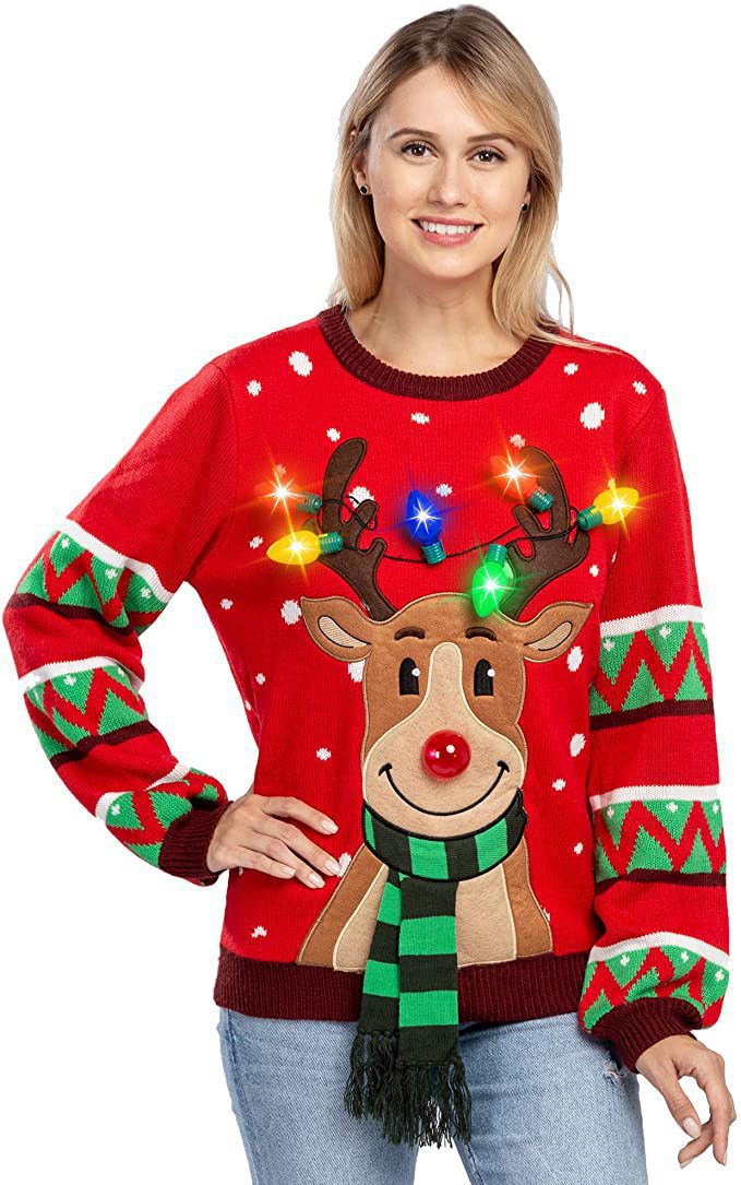 Damen nan weihnachtlicher Strickpullover mit Rentierapplikation integrierter Lichterkette und dreidimensionalem Nasenpompom Drune