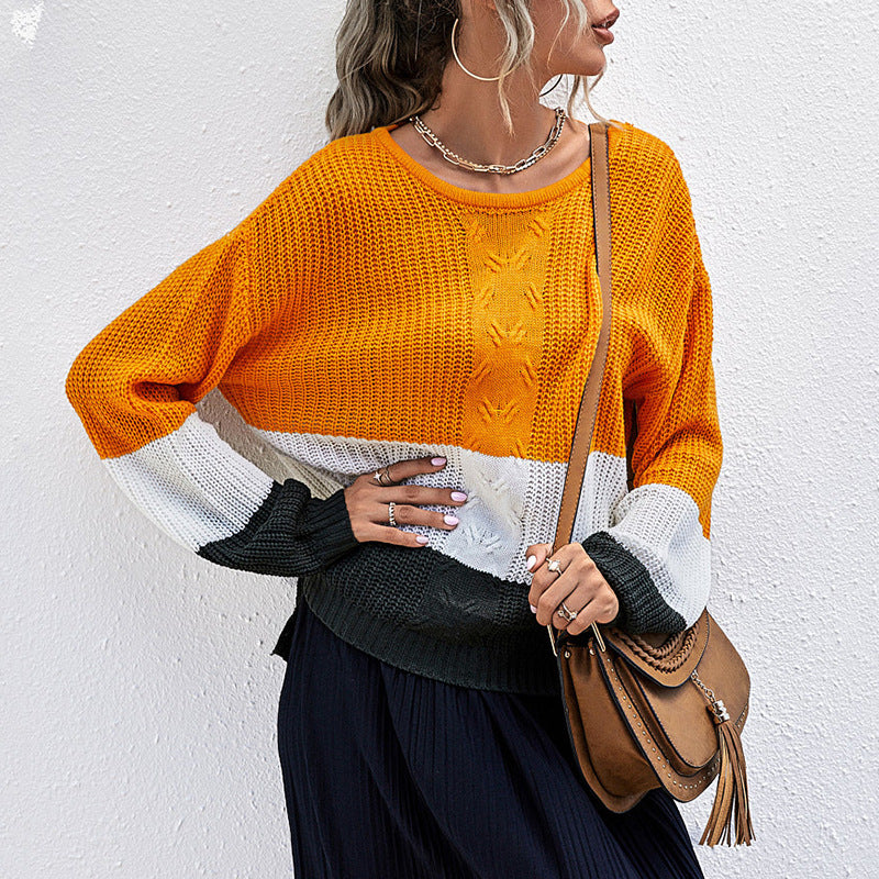 Damen Colorblock-Slouchy-Strickpullover mit Zopfmix und überschnittener Schulter Drune