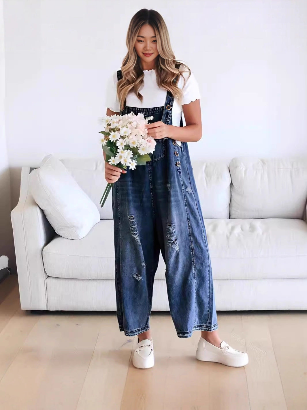 Damen nan lässige verwaschene Latzhose aus Jeansstoff mit Rissen und weitem Bein Drune