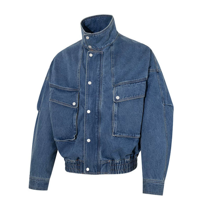 Damen Oversize-Jeansjacke mit Stehkragen, Druckknopfleiste und aufgesetzten Cargo-Taschen Drune