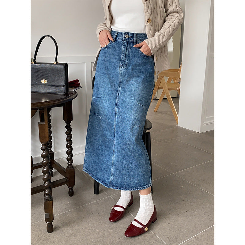 Damen Langer Denimrock mit modischen Taschen Drune
