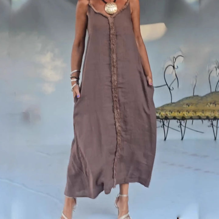 Damen nan luftiges Leinenoptik-Maxi-Trägerkleid mit fransiger Mittelnaht und Eingrifftaschen Drune