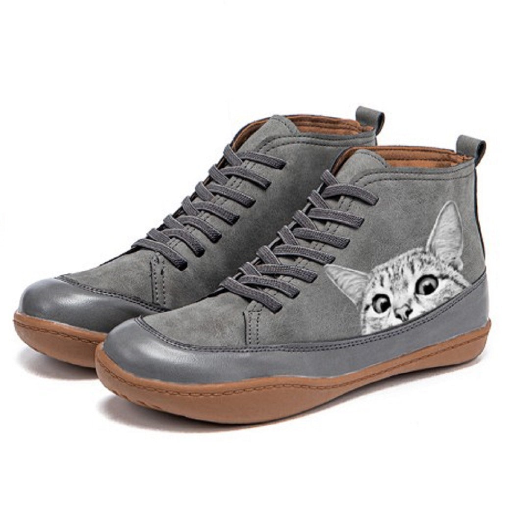 Damen nan knöchelhohe Sneaker mit niedlichem Katzenmotiv Stickerei und ergonomischem Komfortfußbett Drune