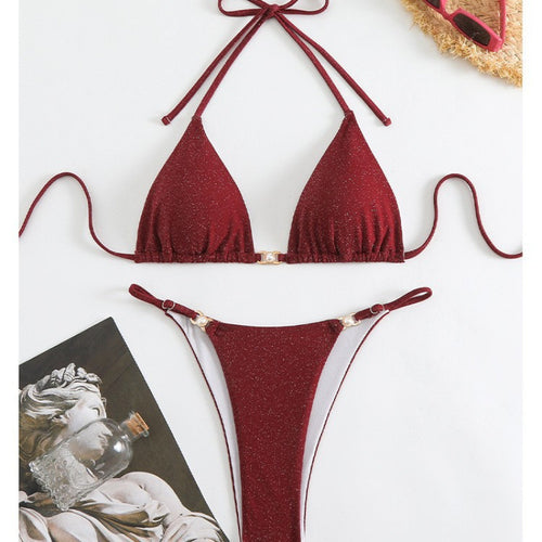 Damen Triangel-Bikini mit glitzerndem Stoff und verstellbaren Trägern Drune