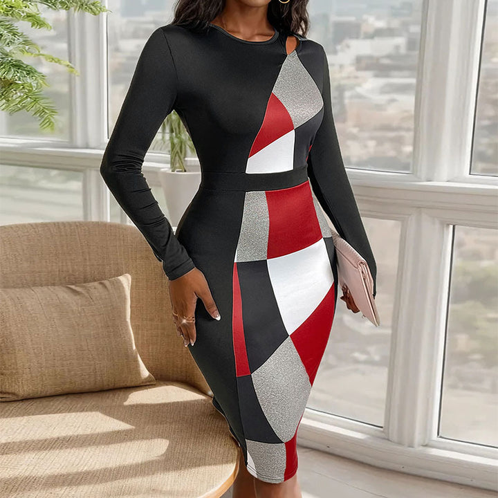 Damen Figurbetontes Midikleid mit grafischem Colorblock-Muster, Cut-Out-Schulter und taillierter Silhouette Drune