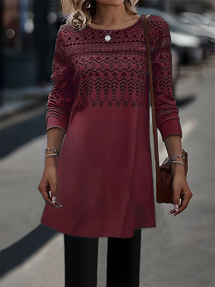 Frauen Longline Tunika Kleid mit Ethno Druck und Rundhalsausschnitt Drune