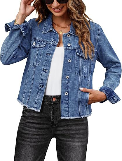 Damen Kurz geschnittene Jeansjacke mit Fransen-Saum und aufgesetzten Brusttaschen Drune