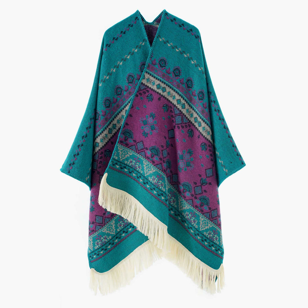 Damen Gewebter Ethno-Poncho mit Fransen und Jacquardmuster Drune