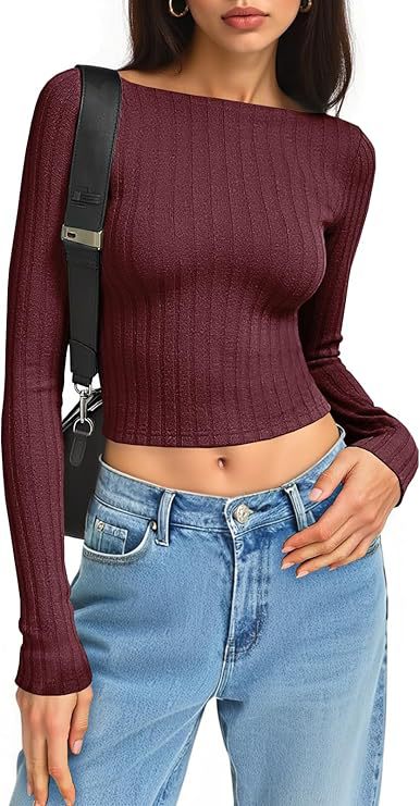 Damen Tailliertes Ripp-Cropped-Longsleeve mit U-Boot-Ausschnitt und Stretch-Baumwollmix Drune
