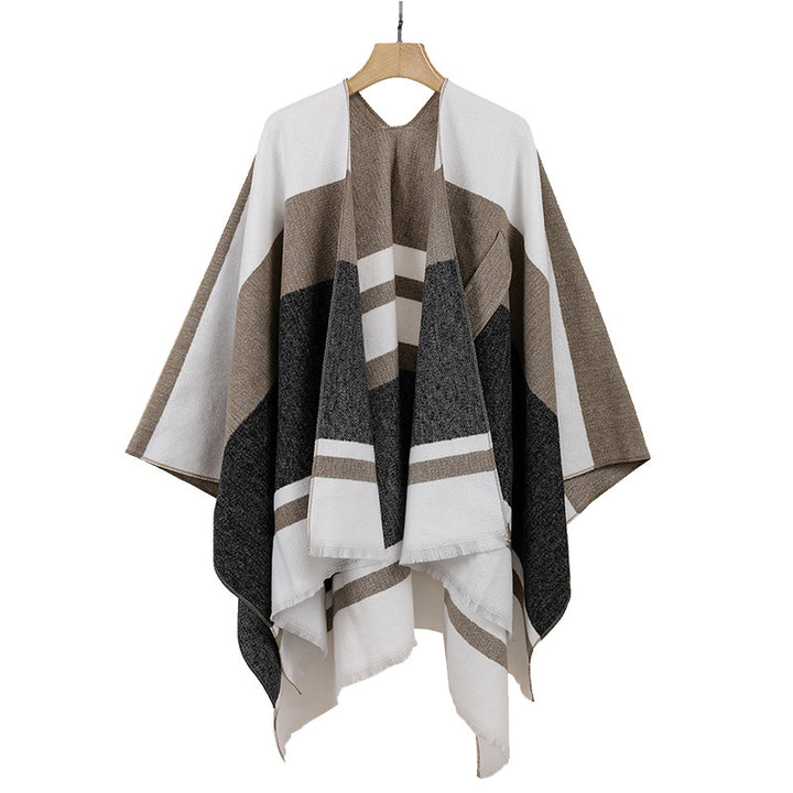 Damen Leichter Capeponcho aus Feinstrick mit geometrischem Blockstreifen-Design Drune
