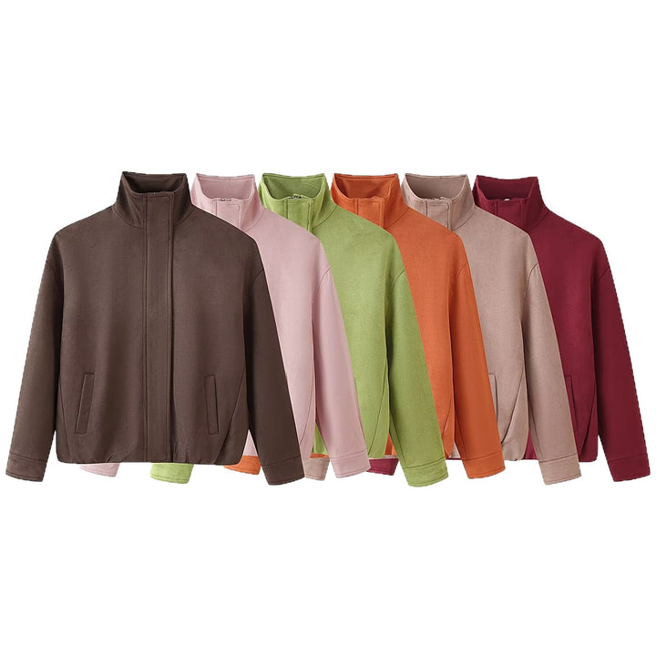 Damen Kurze Boxy‑Jacke mit Funnelkragen und verdeckter Front Drune