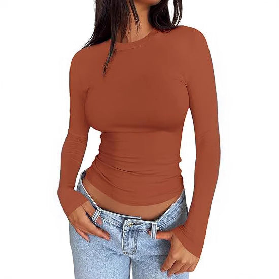 Damen Körpernahes Langarmshirt im Cropped-Look mit verlängerten Ärmeln und Daumenloch Drune