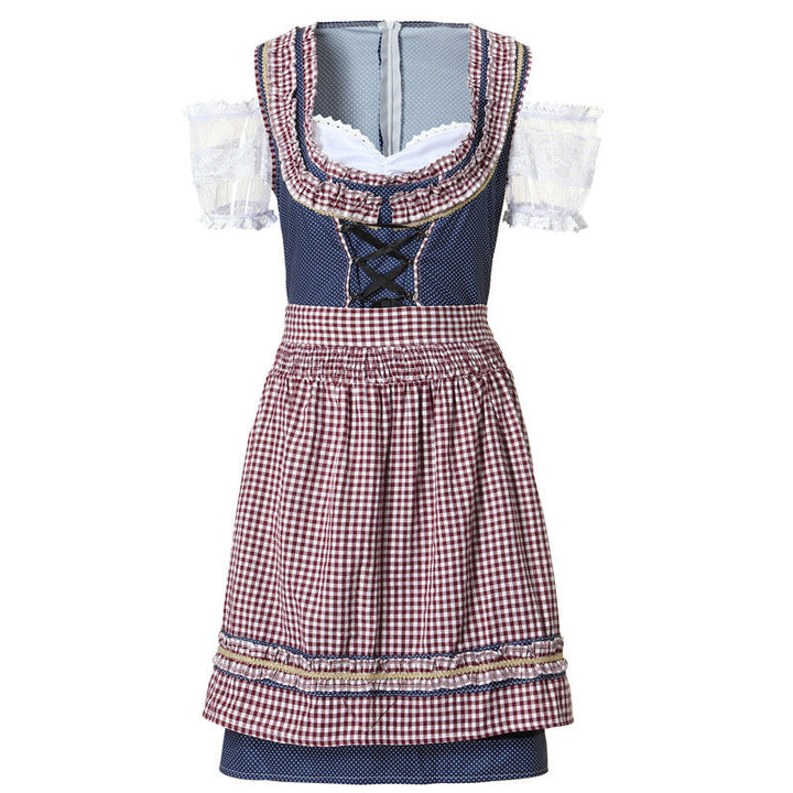 Damen nan traditionelles Dirndlkleid mit kariertem Schürzenrock, Schnürung und Spitzenärmeln Drune