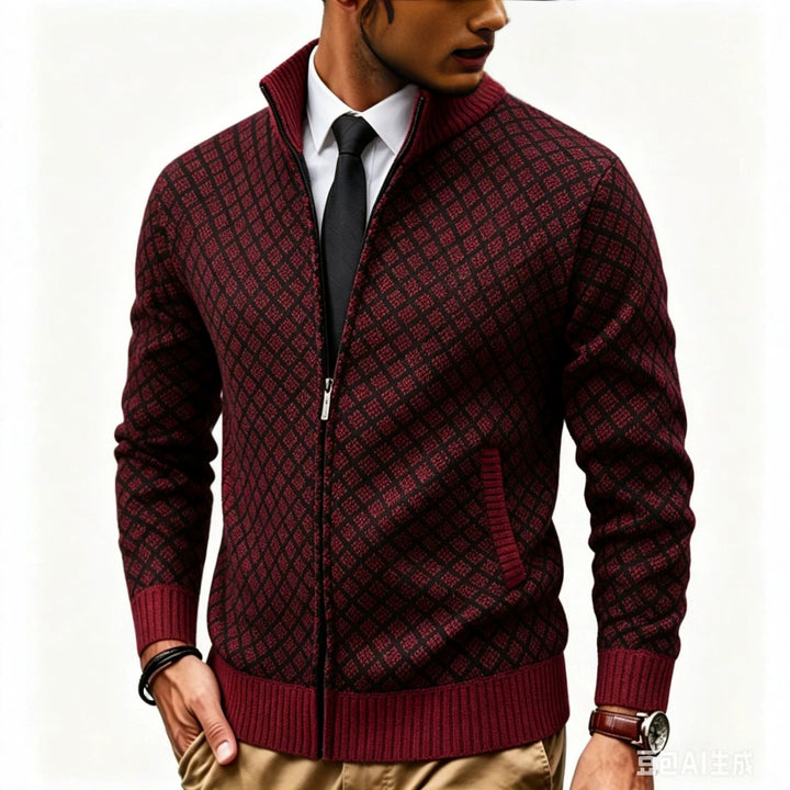 Herren Strukturierte Strickjacke mit Stehkragen und Diamant-Jacquard Drune