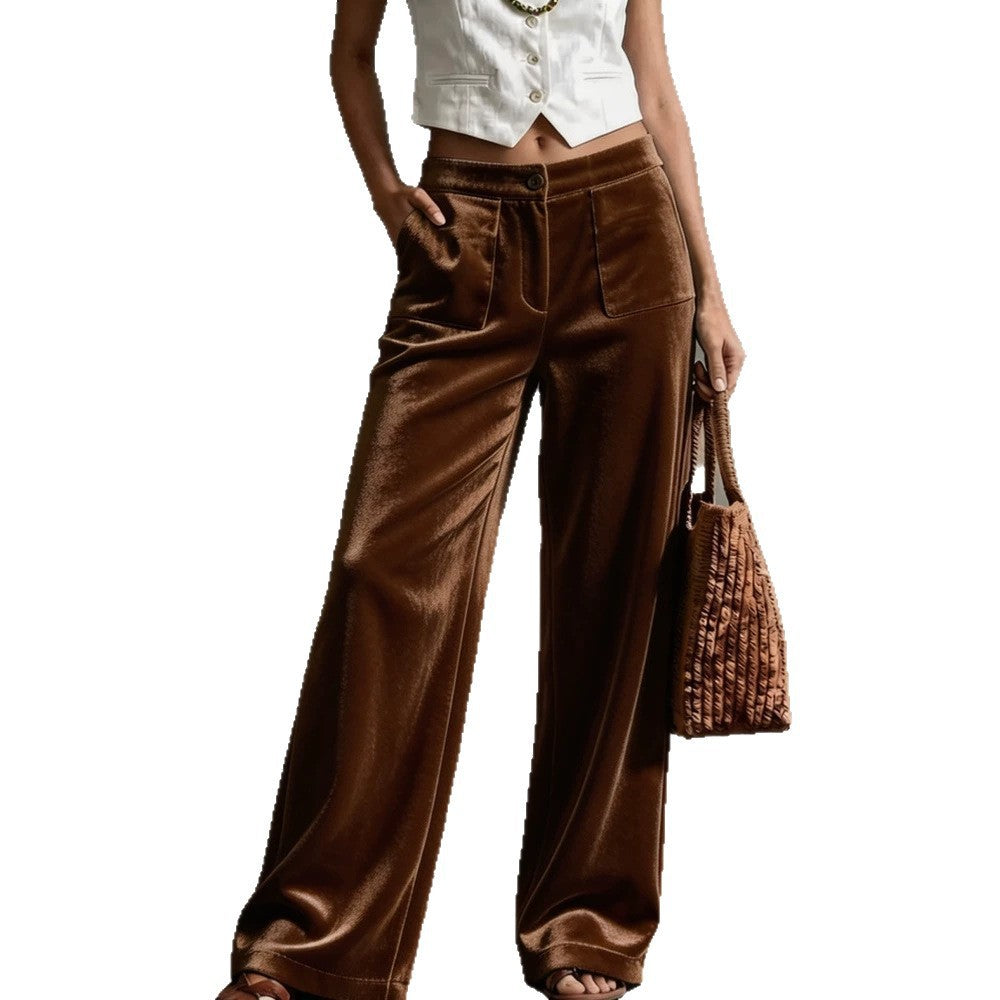 Damen Weite Samt-Palazzohose mit hoher Taille und aufgesetzten Taschen Drune