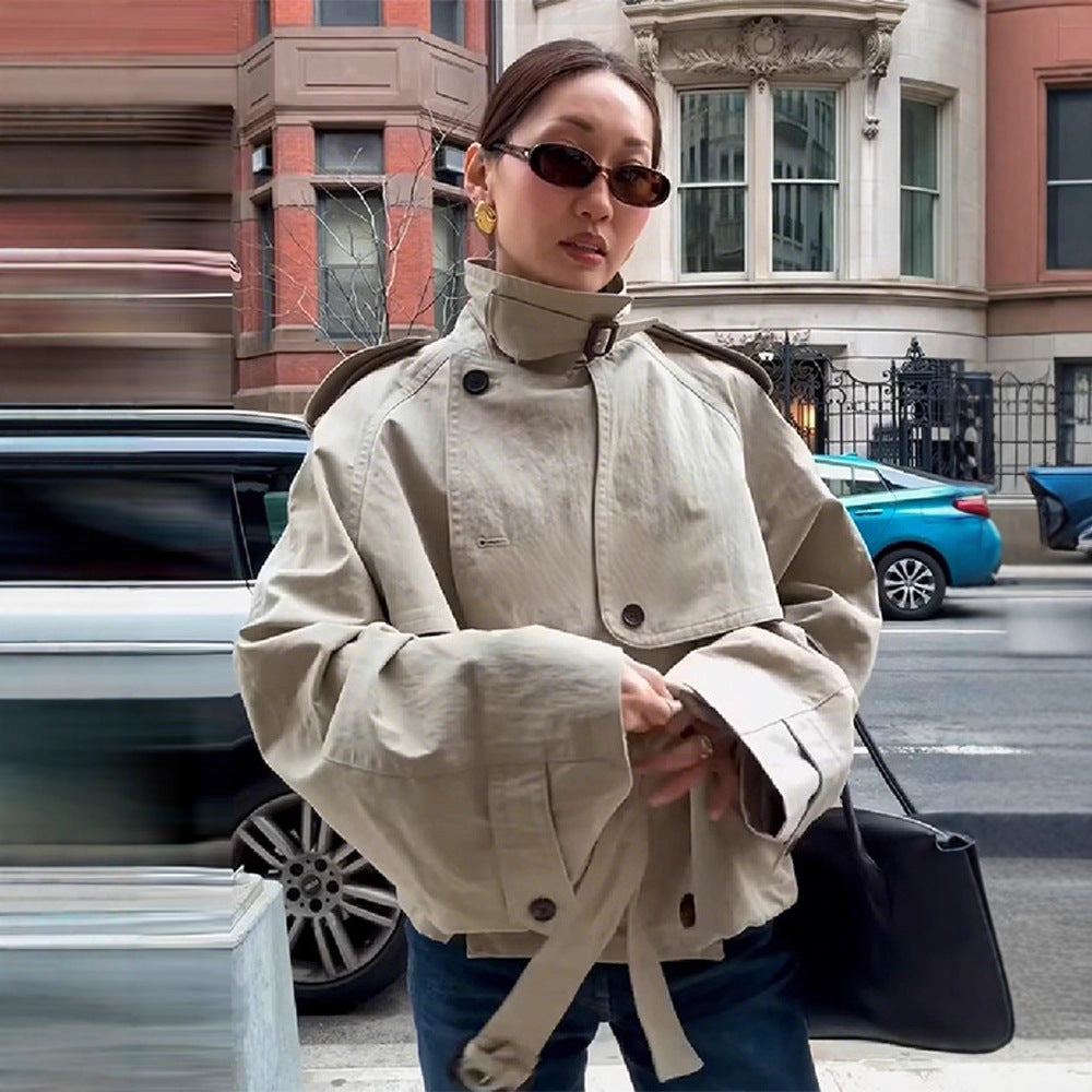 Damen Trenchcoatjacke mit herausnehmbarer Kapuze und modischem Gürtel Drune