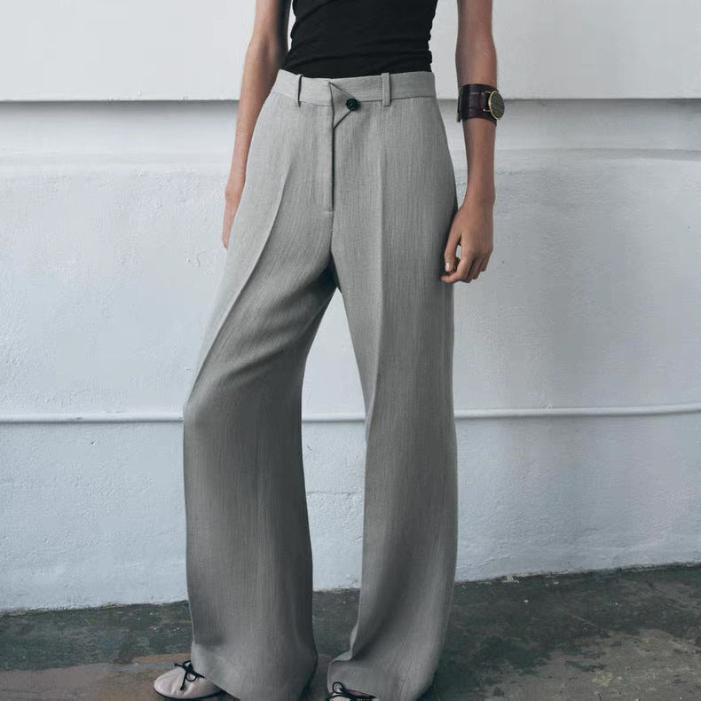 Damen Hochtaillierte weite Stoffhose mit geradem Bein und Seitentaschen Drune