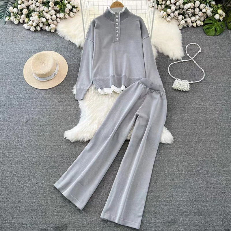 Damen Loungewear-Set mit hoher Rippstruktur und Knopfdetaillierung Drune