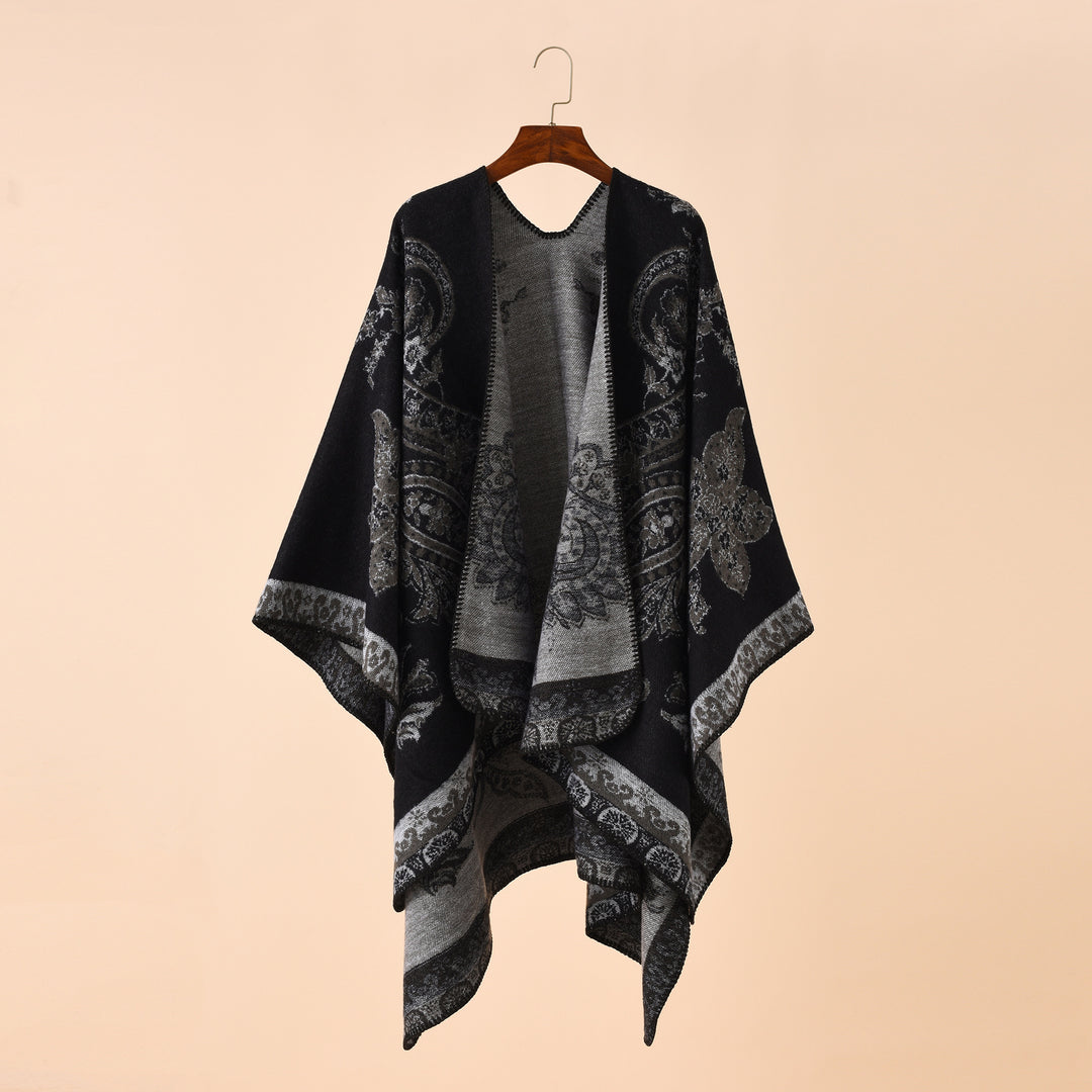 Damen Oversize Strickponcho mit Paisley-Muster und offenem Fall Drune
