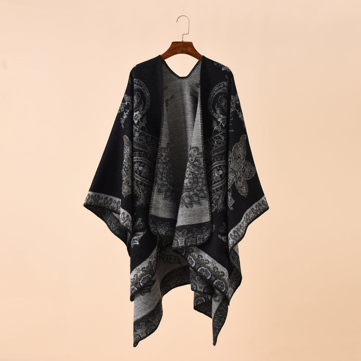 Damen Oversize Strickponcho mit Paisley-Muster und offenem Fall Drune