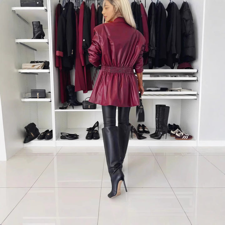 Damen eleganter Blazer aus Kunstleder mit Taillierung Drune
