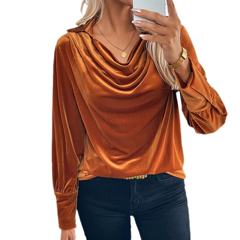 Damen Samtbluse mit Wasserfalldrapierung, Hemdkragen und Ballonärmeln Drune