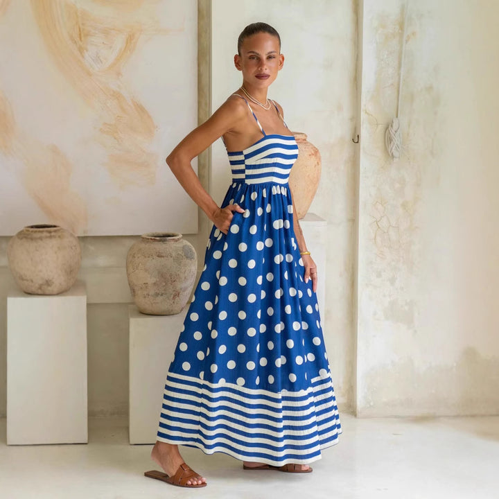 Damen Maxikleid mit verspieltem Streifendesign und großen Punkten Drune