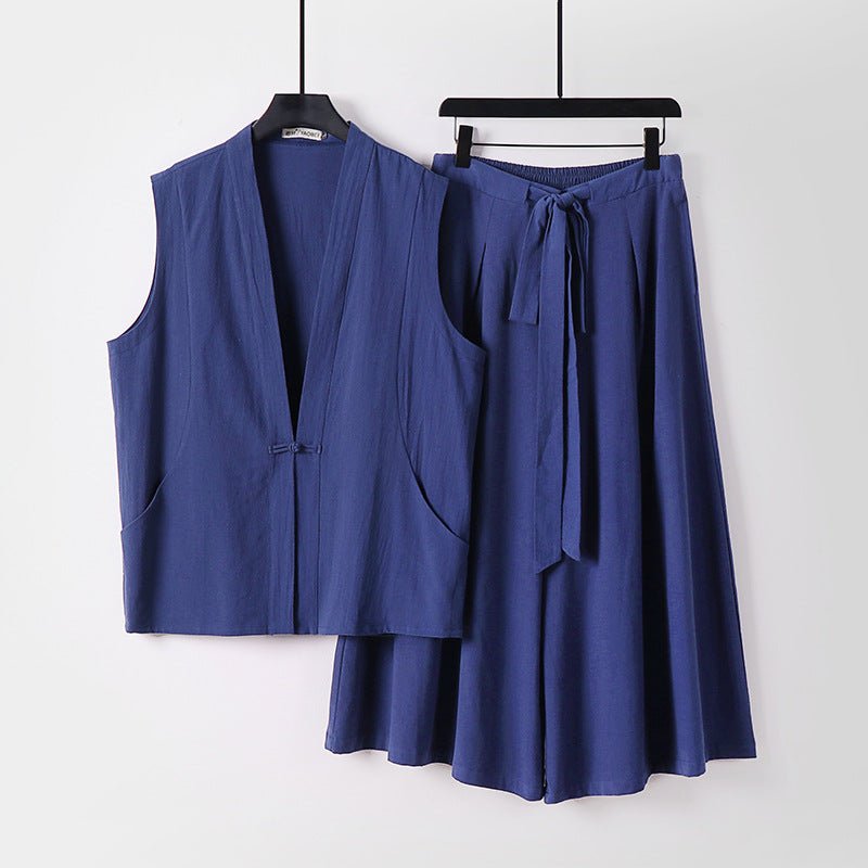 Damen Ärmelloses Kimono-Loungewear-Set aus leichtem Viskose-Leinen mit Bindeweste und weiten Palazzo-Hose Drune