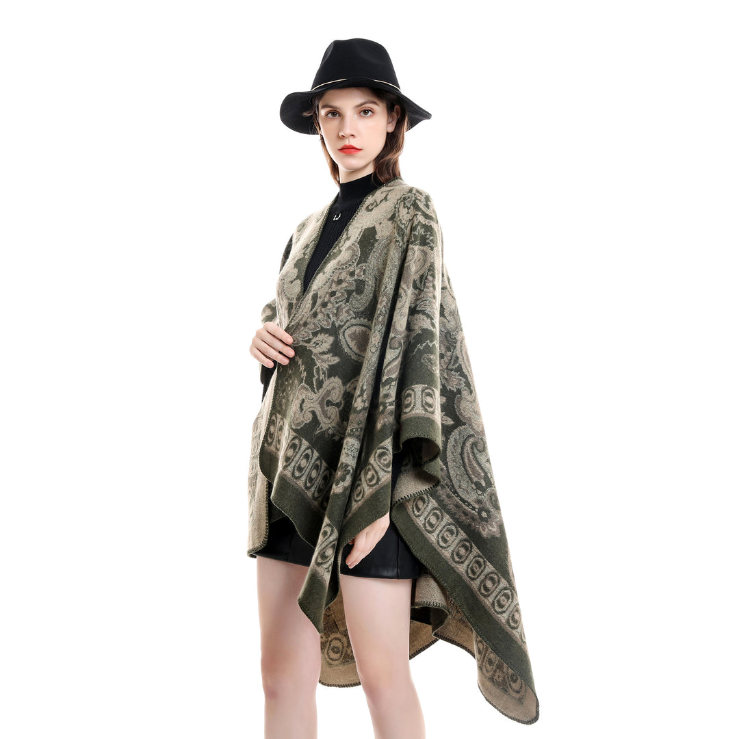 Damen Jacquard-gewebte Oversize-Ruana mit Ornamentik und offenem Kimono-Fall Drune
