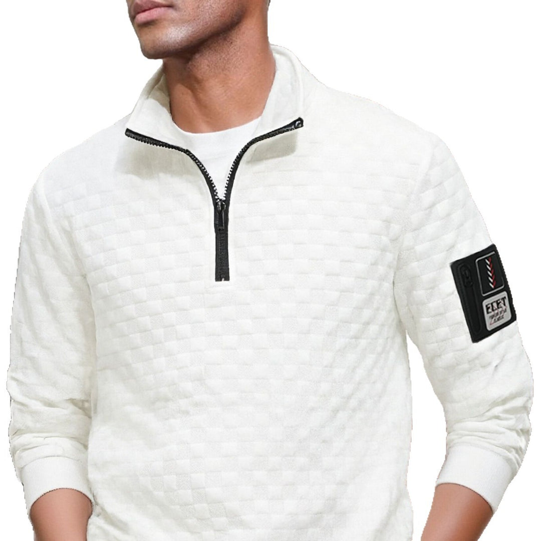 Herren strukturierter Stehkragen-Halbzip-Pullover mit Karosteppung, elastischen Bündchen und Ärmel-Patch Drune