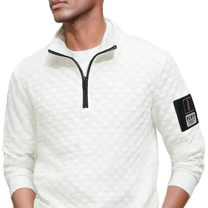 Herren strukturierter Stehkragen-Halbzip-Pullover mit Karosteppung, elastischen Bündchen und Ärmel-Patch Drune