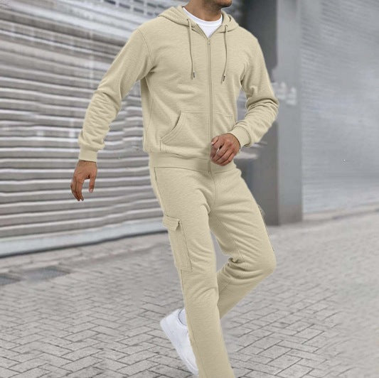 Herren nan athletischer Zip-Sweatset mit Cargo-Jogginghose, ergonomischen Nähten und gerippten Bündchen Drune