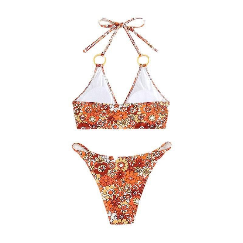 Damen Triangel-Bikini mit modischem Blütenmuster und eleganten Ringdetails Drune