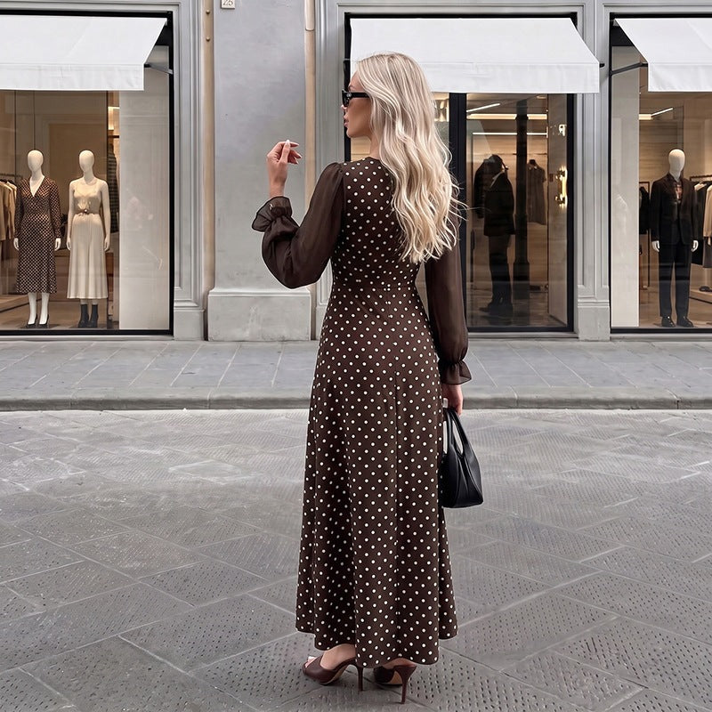 Damen Langes Maxikleid mit Puffärmeln und Punkten Drune