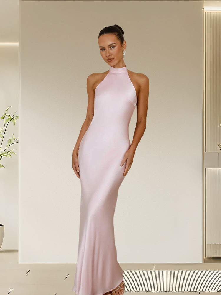 Damen Elegantes Satin-Maxikleid mit hohem Kragen und körpernahem Schnitt Drune