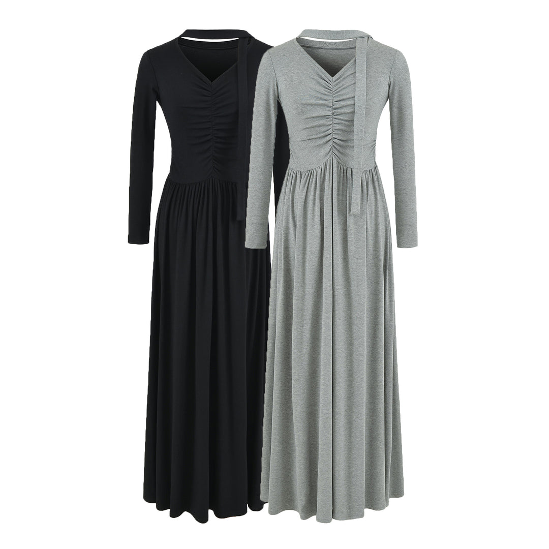 Damen Langes Jersey-Maxikleid mit Raffung, V-Ausschnitt und Bindeschal Drune
