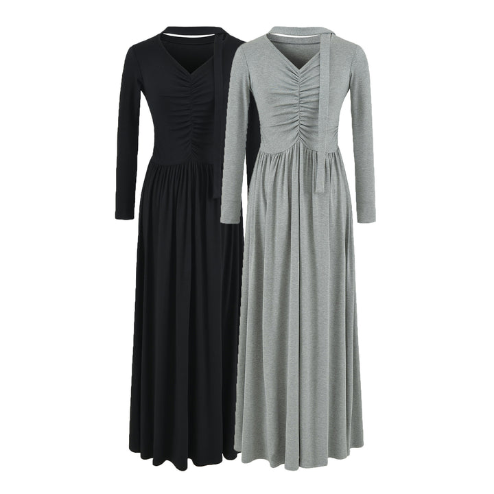 Damen Langes Jersey-Maxikleid mit Raffung, V-Ausschnitt und Bindeschal Drune