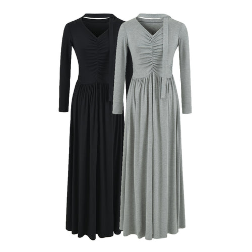 Damen Langes Jersey-Maxikleid mit Raffung, V-Ausschnitt und Bindeschal Drune
