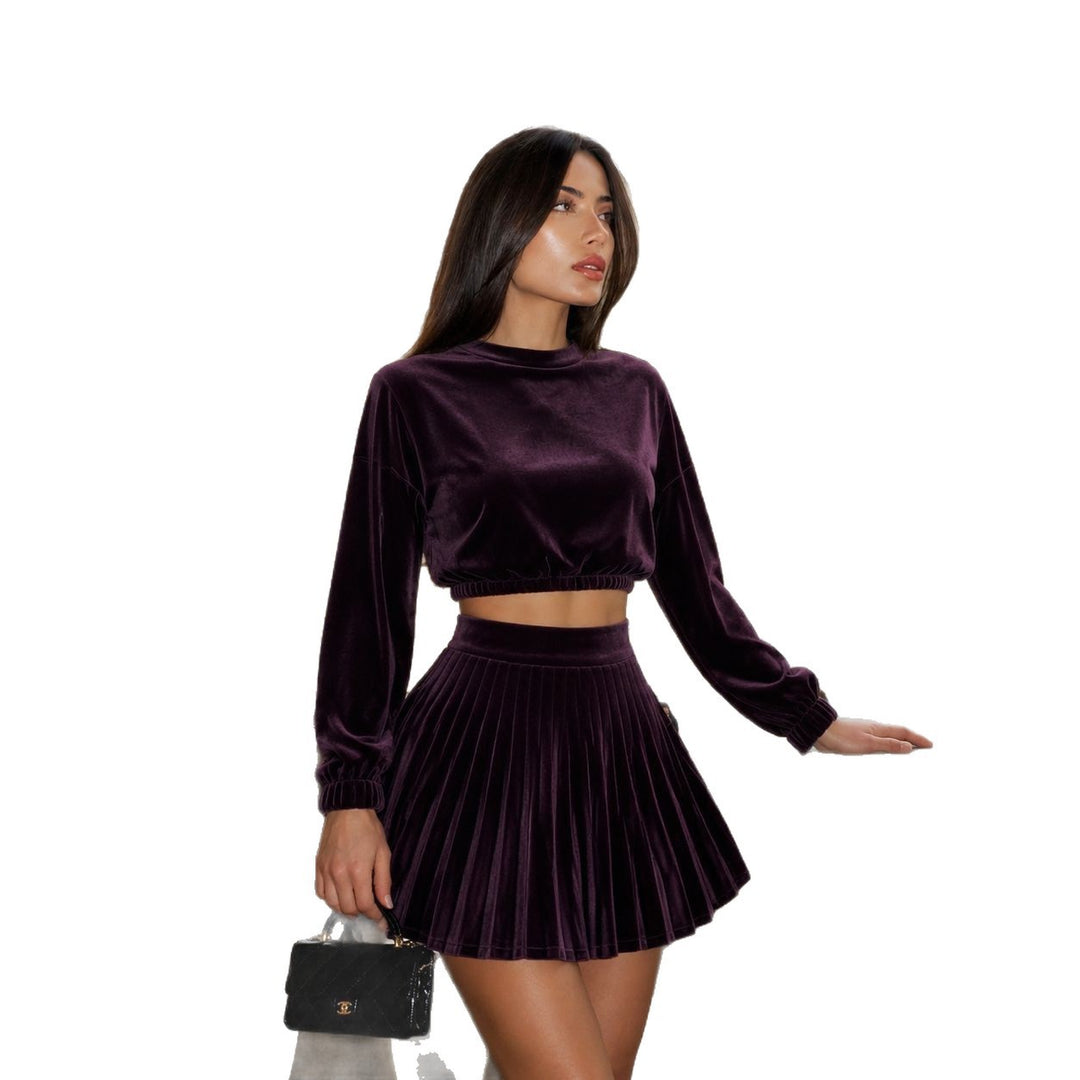 Damen Samt-Cropped Sweater mit Ballonärmeln und Plissee-Minirock Drune